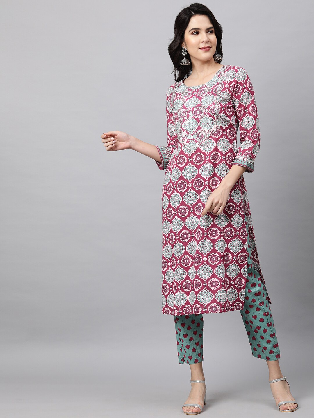 

FASHOR Women Burgundy Ethnic Motifs Printed Pure Cotton Kurta with Trousers