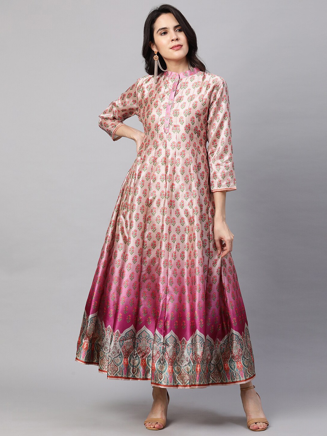 

FASHOR Pink Ethnic Motifs Printed Ombre Kali Flared Ethnic Maxi Dress