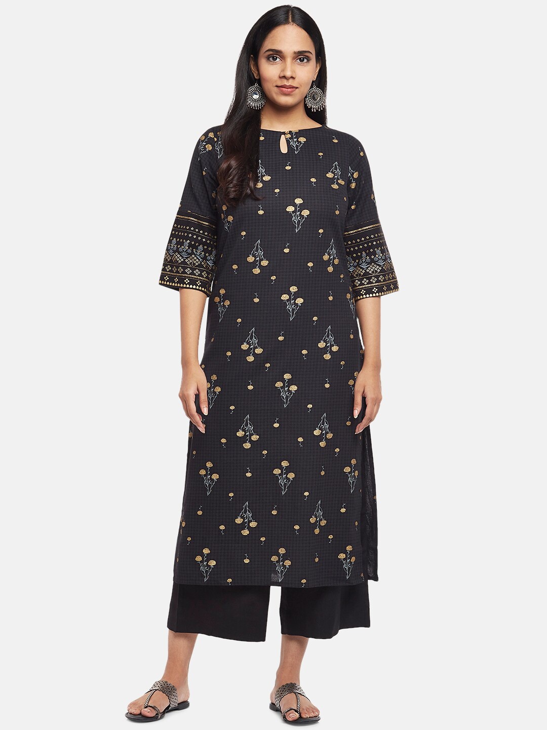 

RANGMANCH BY PANTALOONS Women Black Floral Printed Pure Cotton Kurta with Palazzos