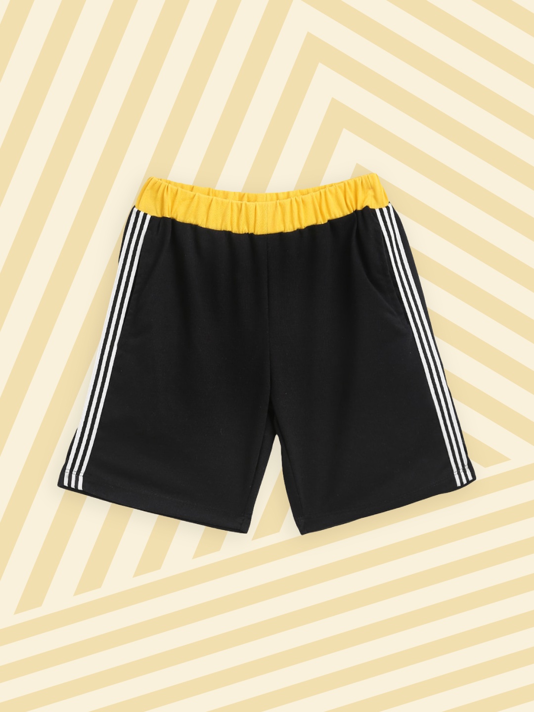 

YK Boys Black & Yellow Solid Regular Fit Pure Cotton Shorts with Side seam Striper Details