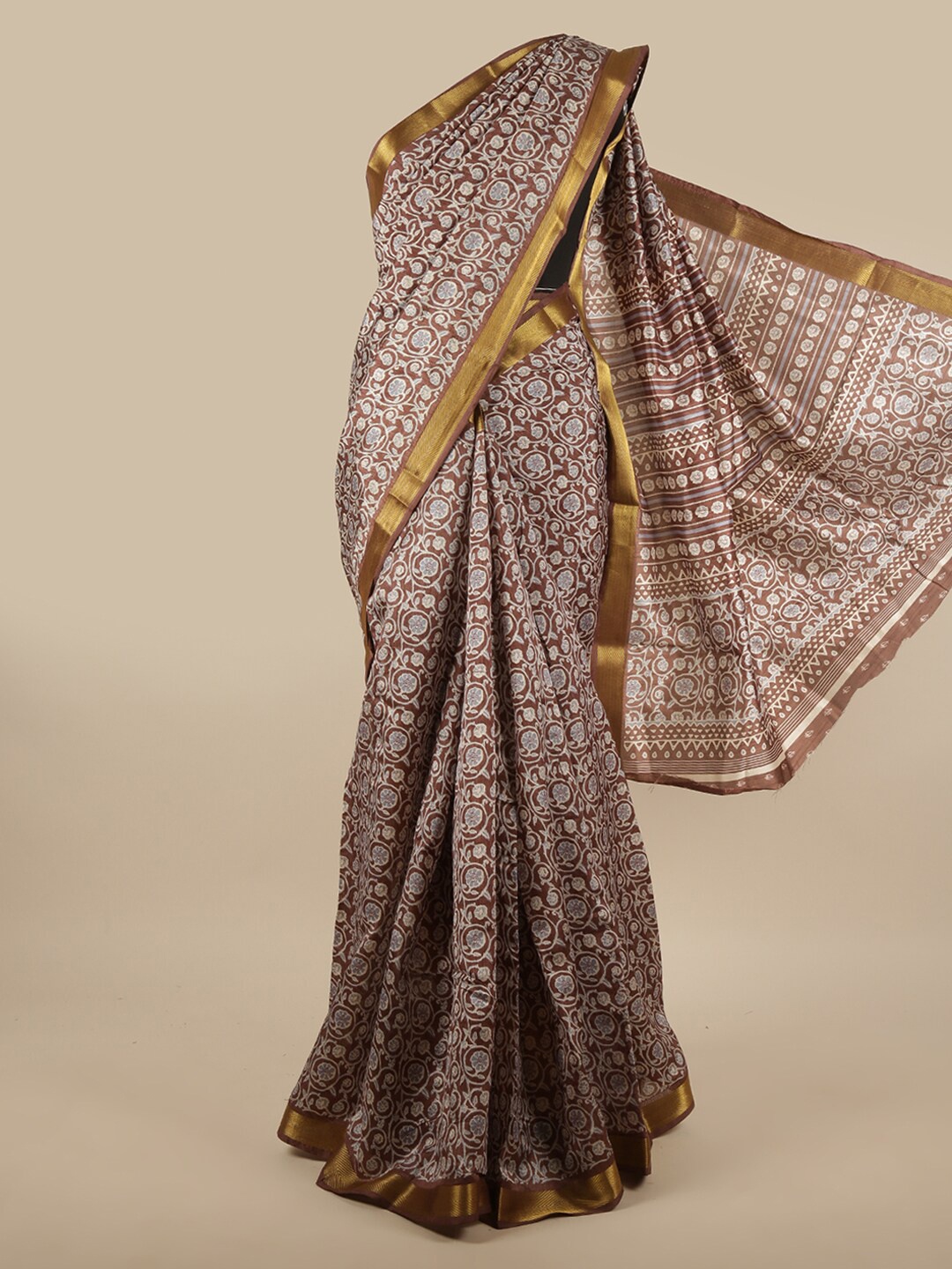 

Pothys Brown & Grey Floral Zari Printed Saree