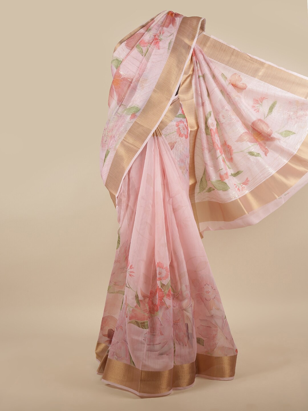 

Pothys Pink & Red Floral Printed Zari Saree