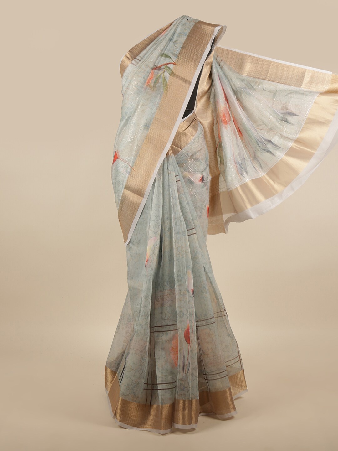 

Pothys Green & Gold-Toned Floral Printed Zari Saree