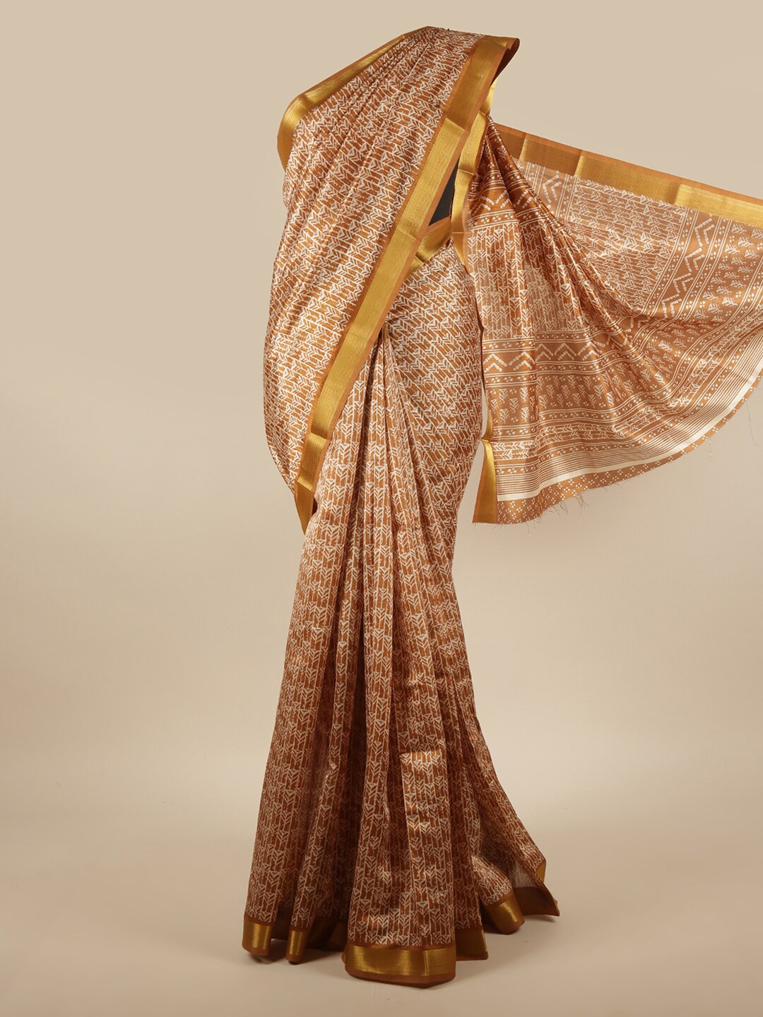 

Pothys Mustard Yellow & White Geometric Printed Zari Saree