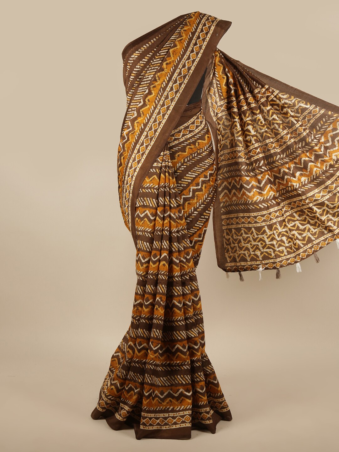 

Pothys Mustard & Brown Printed Saree