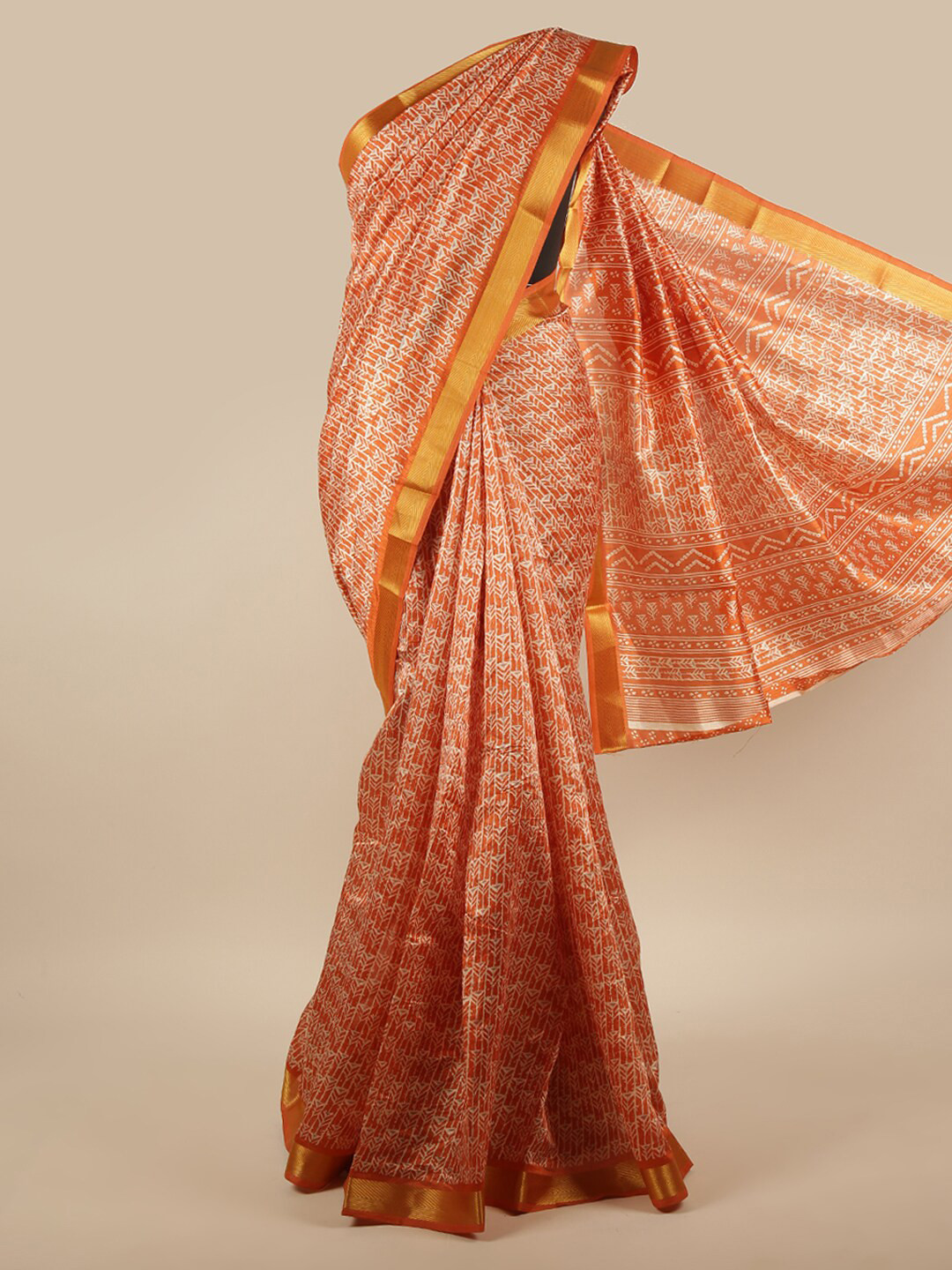 

Pothys Orange & White Geometric Printed Zari Saree