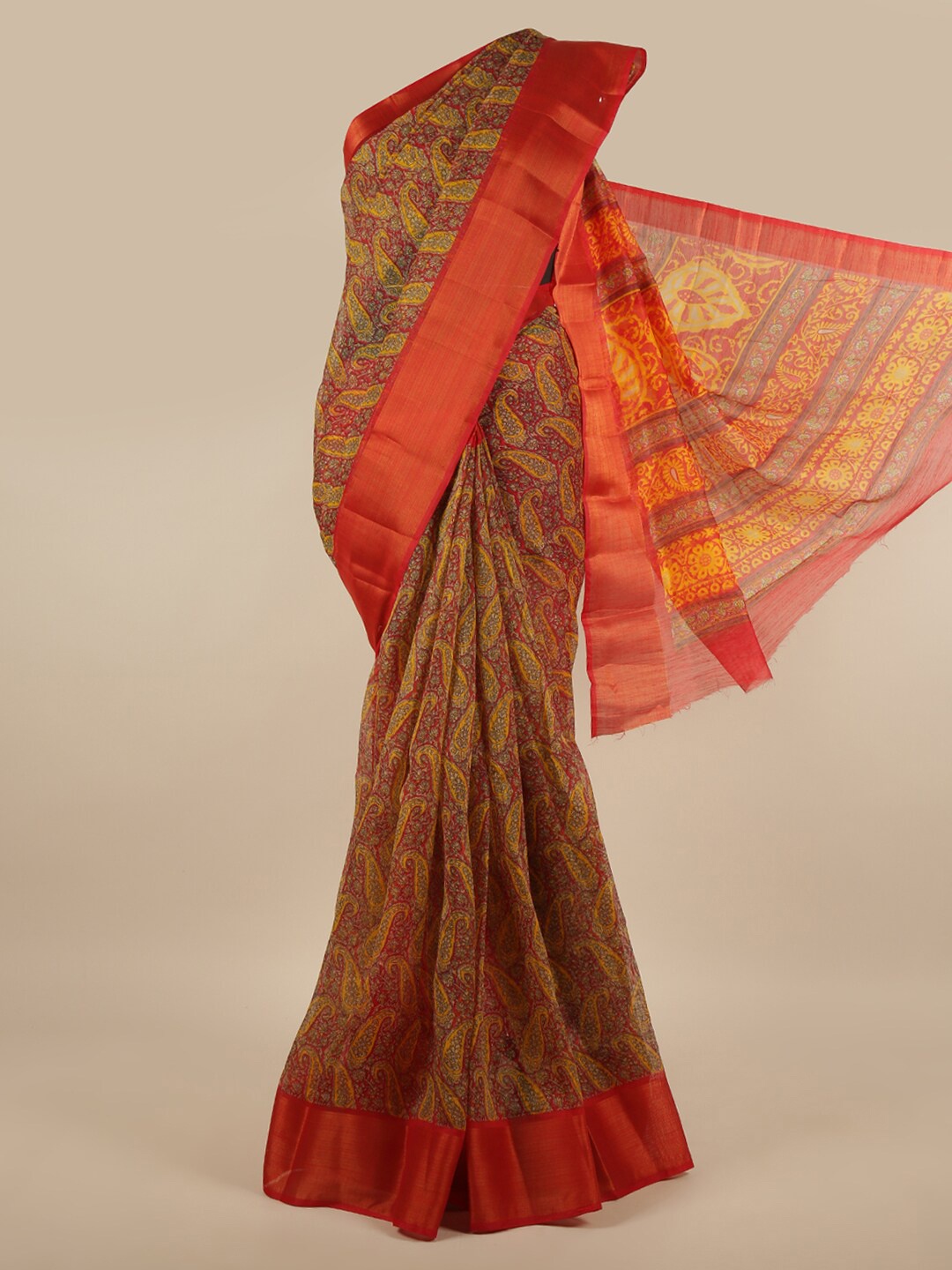 

Pothys Red & Yellow Paisley Printed Zari Saree