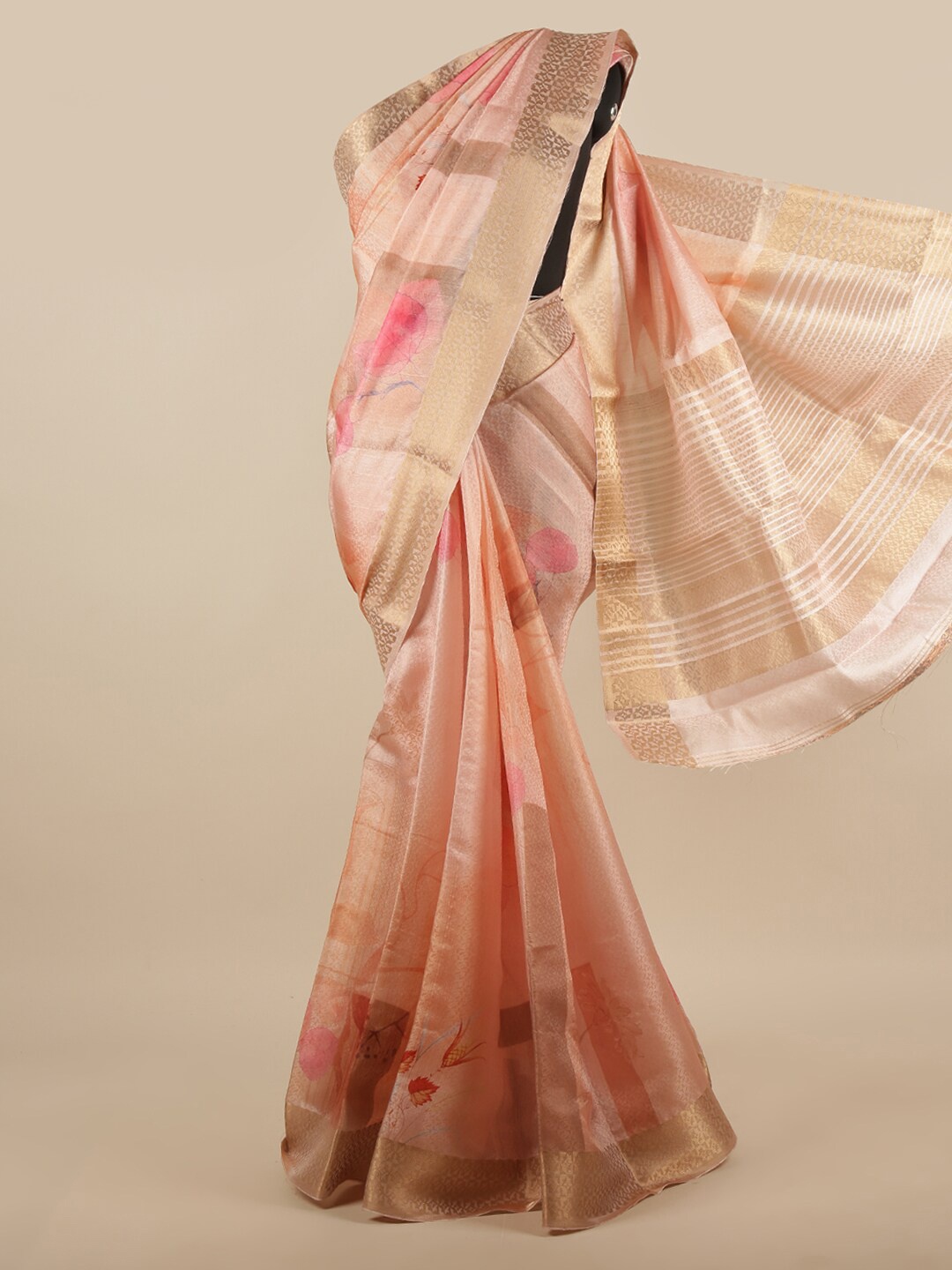 

Pothys Peach-Coloured & Gold-Toned Floral Printed Zari Tissue Saree