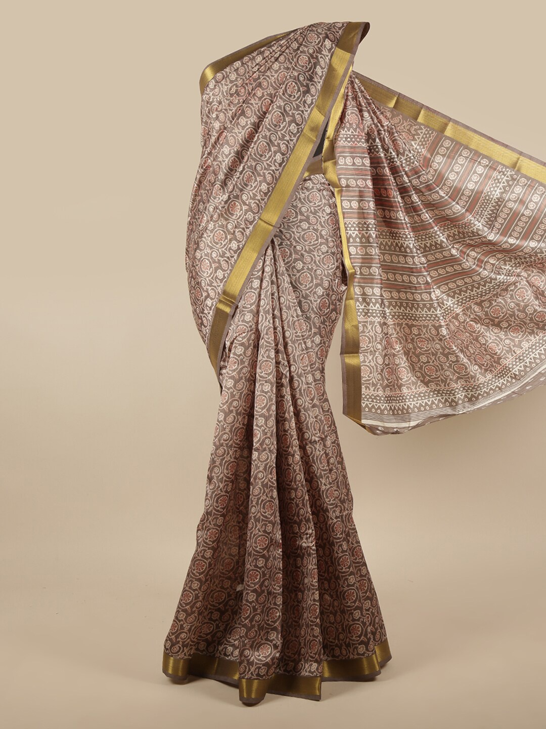 

Pothys Grey & Beige Floral Printed Zari Saree