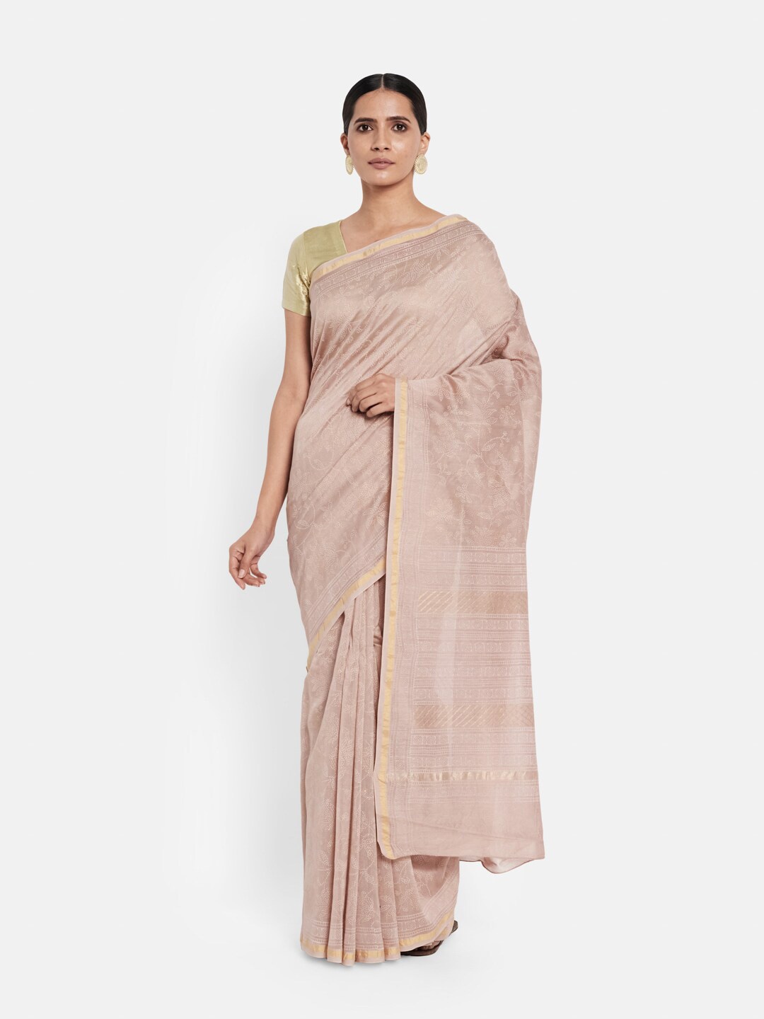 

Fabindia Beige & Gold-Toned Floral Zari Silk Cotton Saree