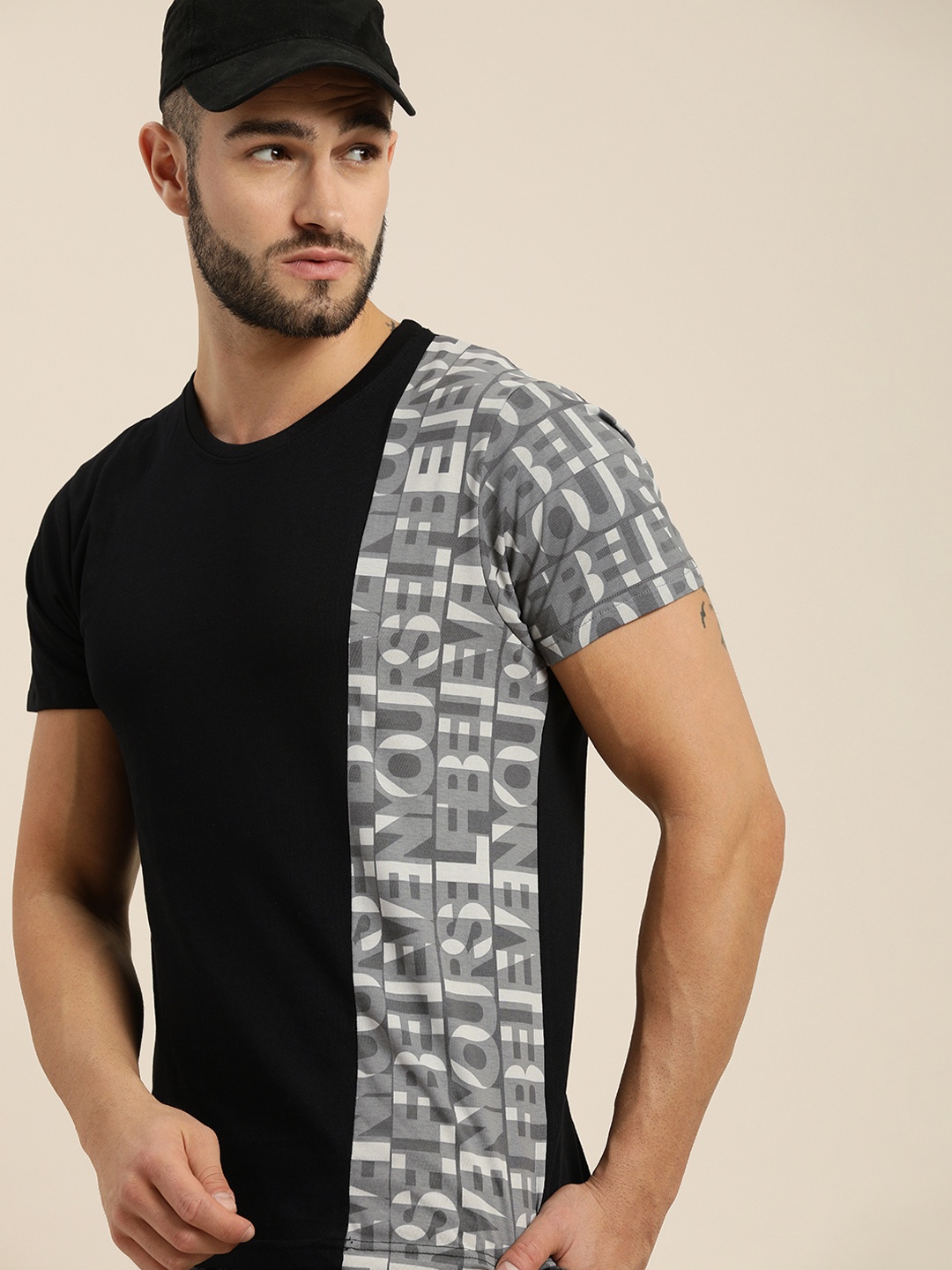 

Moda Rapido Men Black & Grey Colourblocked Round Neck Pure Cotton T-shirt