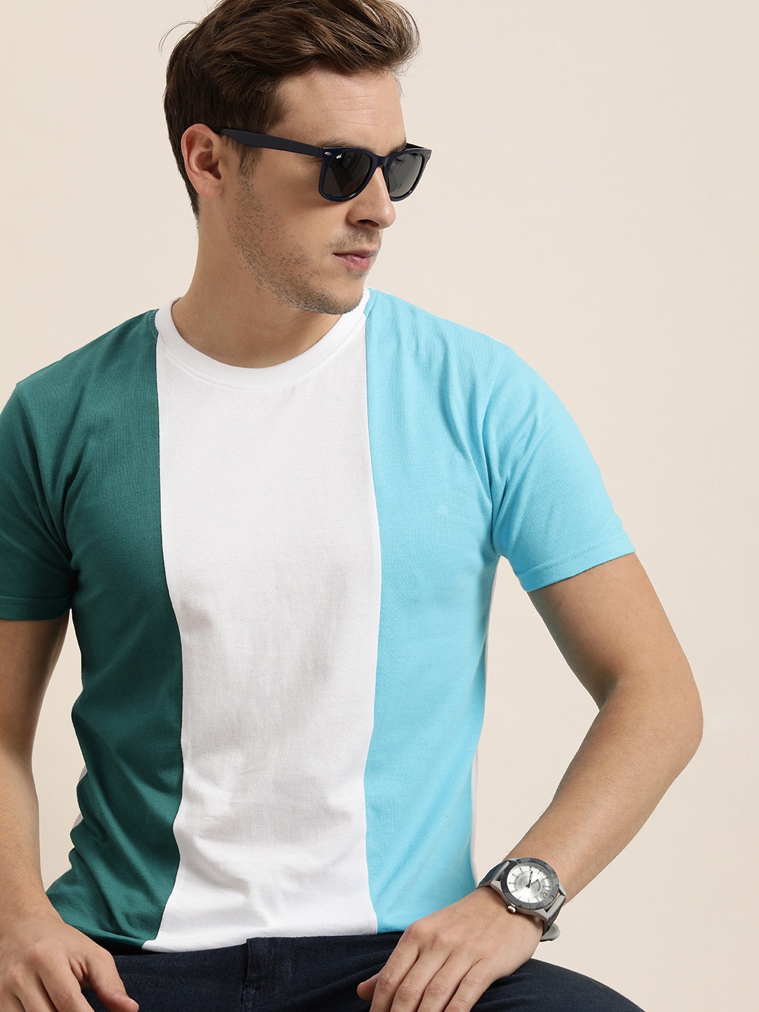 

Moda Rapido Men White & Blue Colourblocked T-shirt