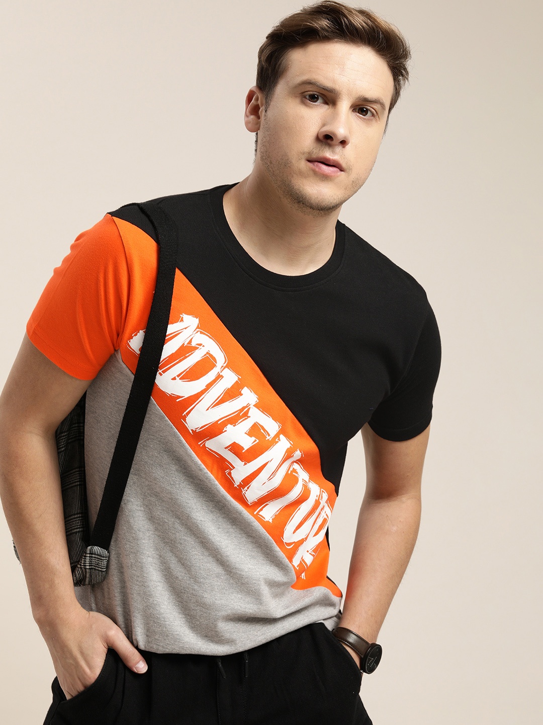 

Moda Rapido Men Black & Orange Colourblocked Pure Cotton T-shirt