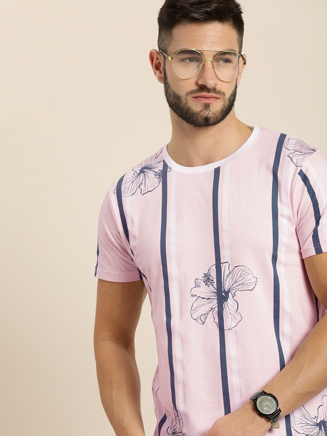 

Moda Rapido Men Pink & Off White Colourblocked & Floral Casual T-shirt