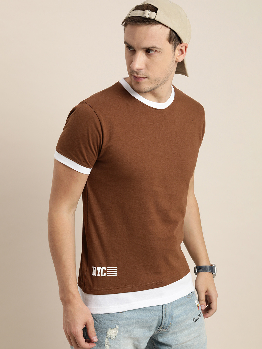 

Moda Rapido Men Brown Printed Detail Pure Cotton T-shirt