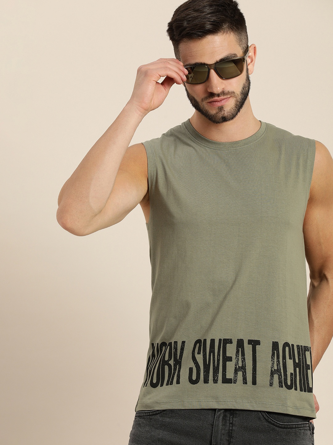 

Moda Rapido Men Olive Green & Black Typography Printed Sleevless Pure Cotton T-shirt