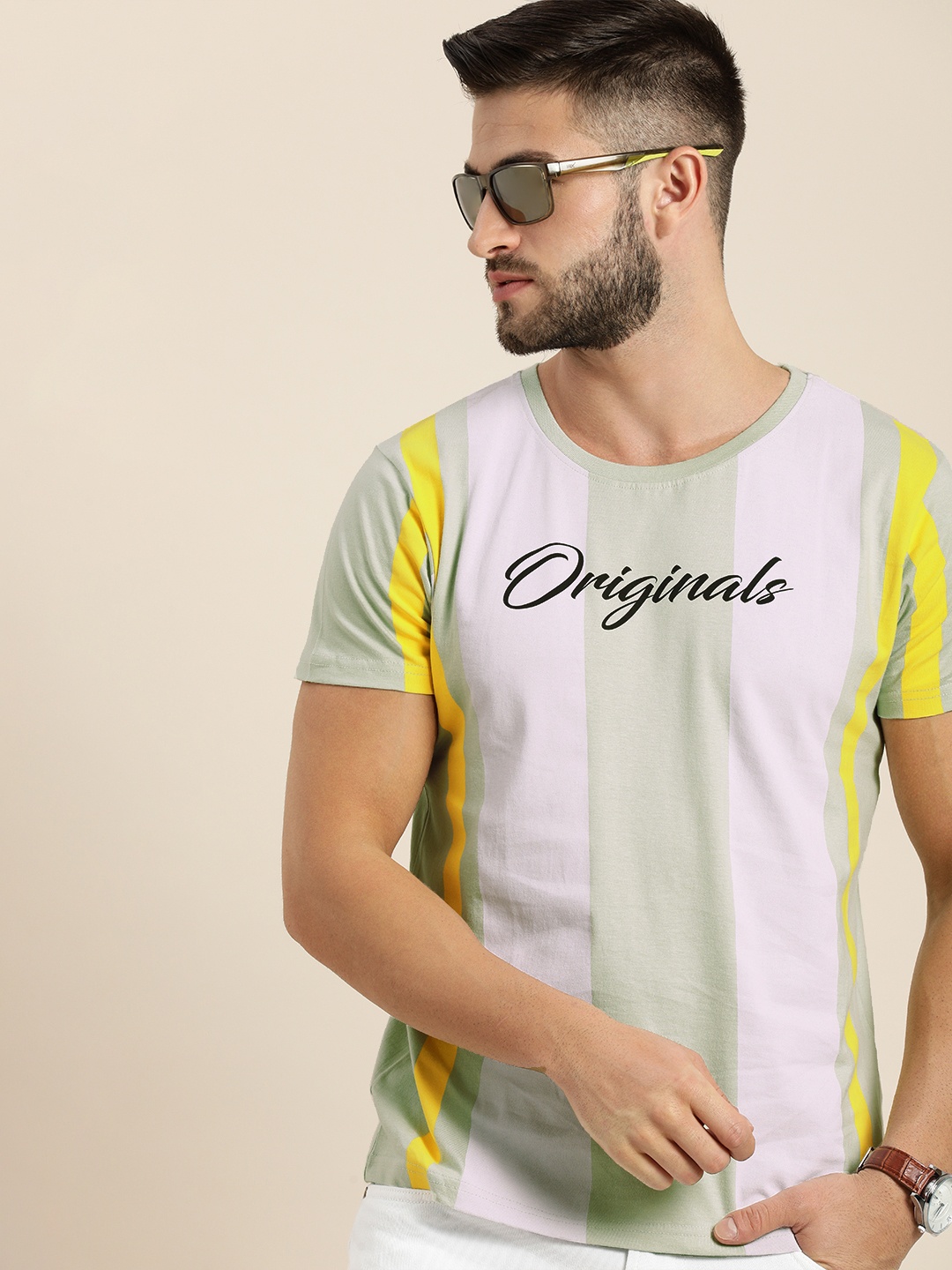

Moda Rapido Men Green & Lavender Striped Pure Cotton Round Neck T-shirt