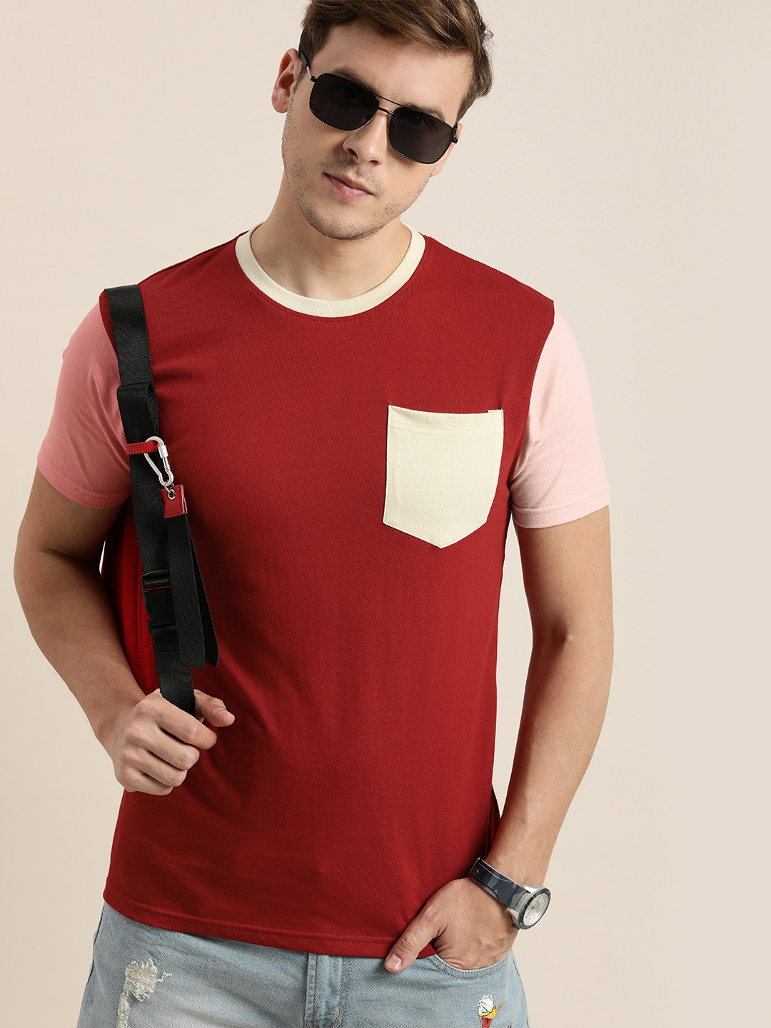 

Moda Rapido Men Maroon Pocket Detail Pure Cotton T-shirt