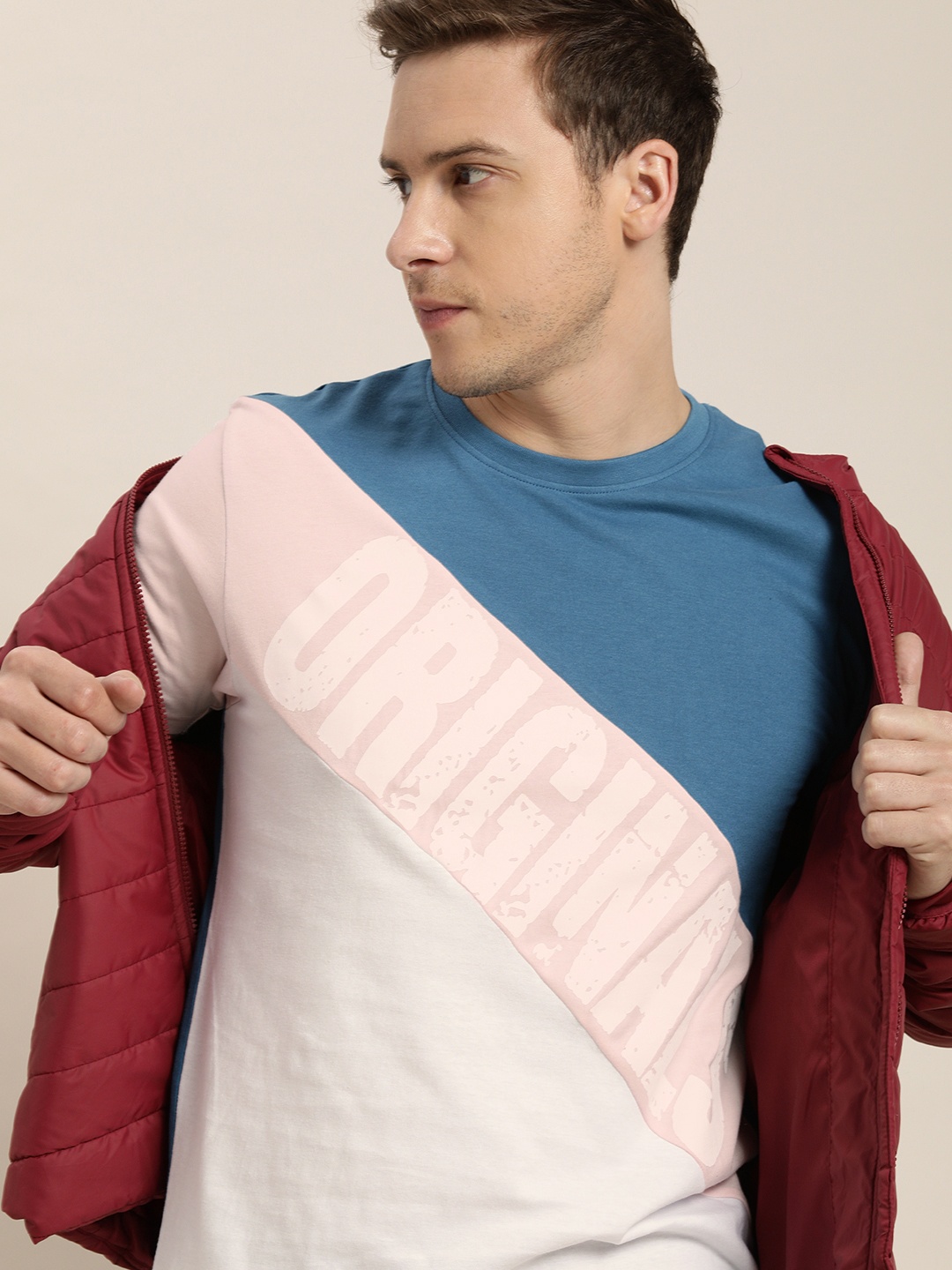 

Moda Rapido Men Beige & Blue Typography Pure Cotton Printed T-shirt