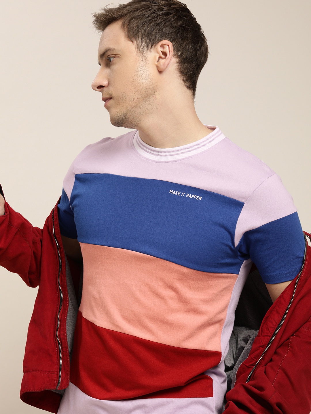 

Moda Rapido Men Lavender & Blue Colourblocked Pure Cotton T-shirt