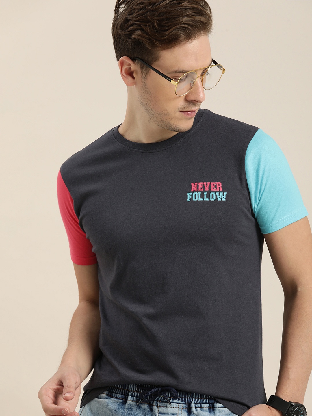 

Moda Rapido Men Navy Blue Colourblocked And Typography Printed Pure Cotton T-shirt