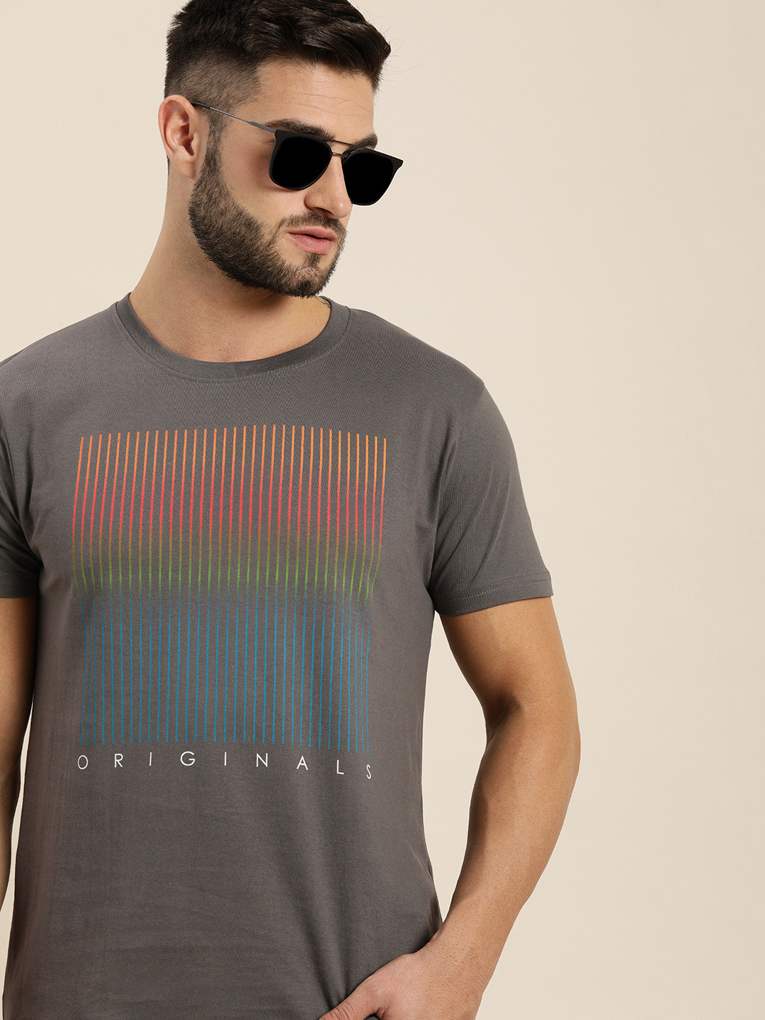 

Moda Rapido Men Charcoal Stripe Printed Pure Cotton T-shirt