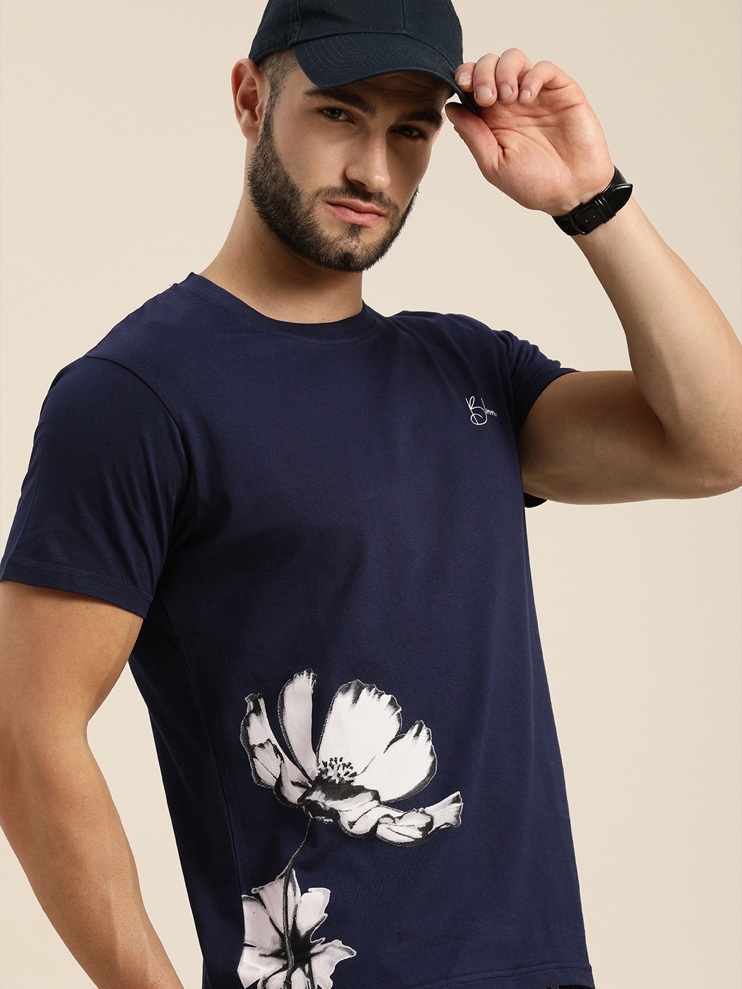 

Moda Rapido Men Navy Blue Floral Printed Pure Cotton T-shirt