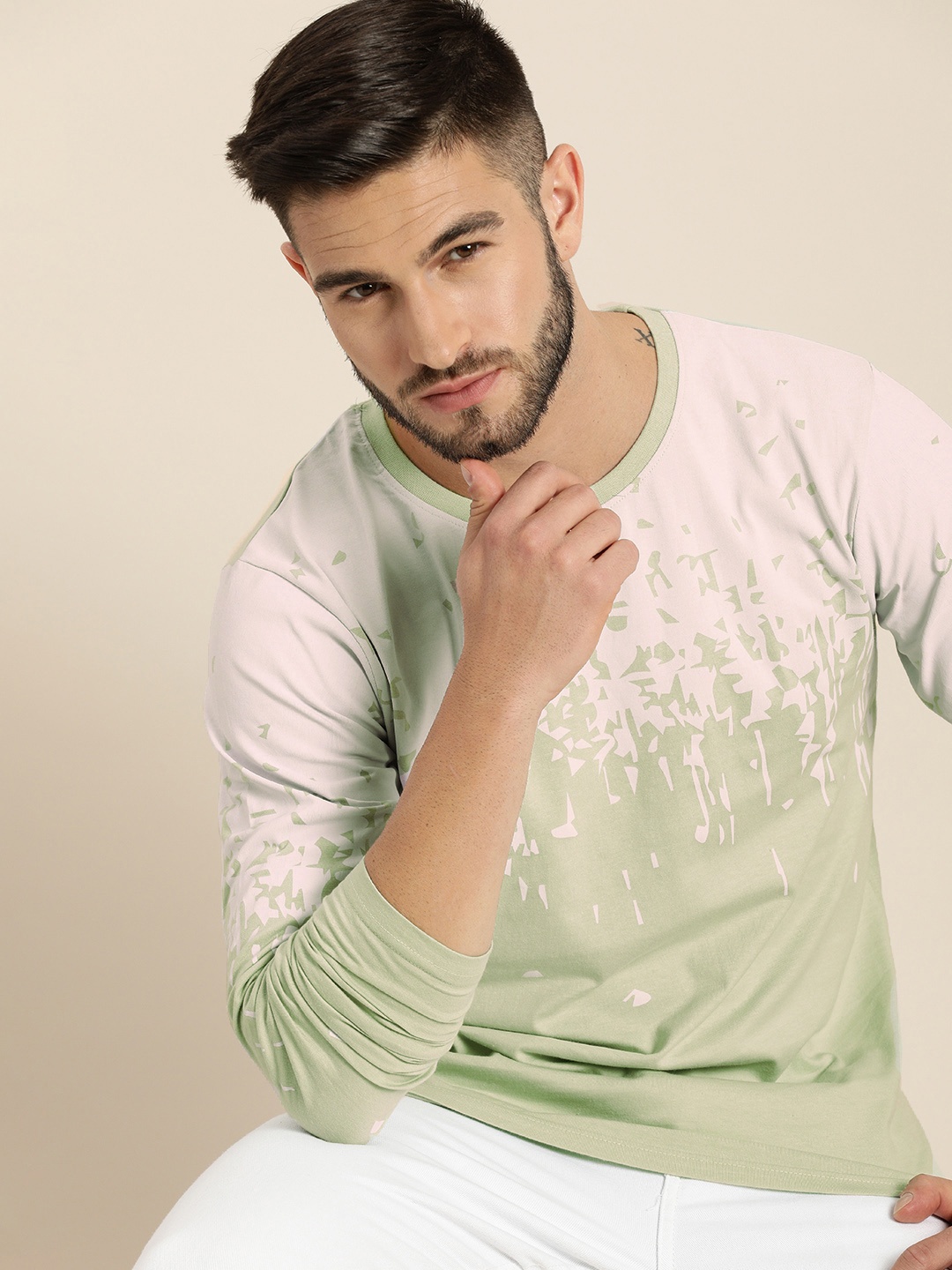 

Moda Rapido Men Mint Green & Pale Pink Tie and Dye Printed Pure Cotton T-shirt
