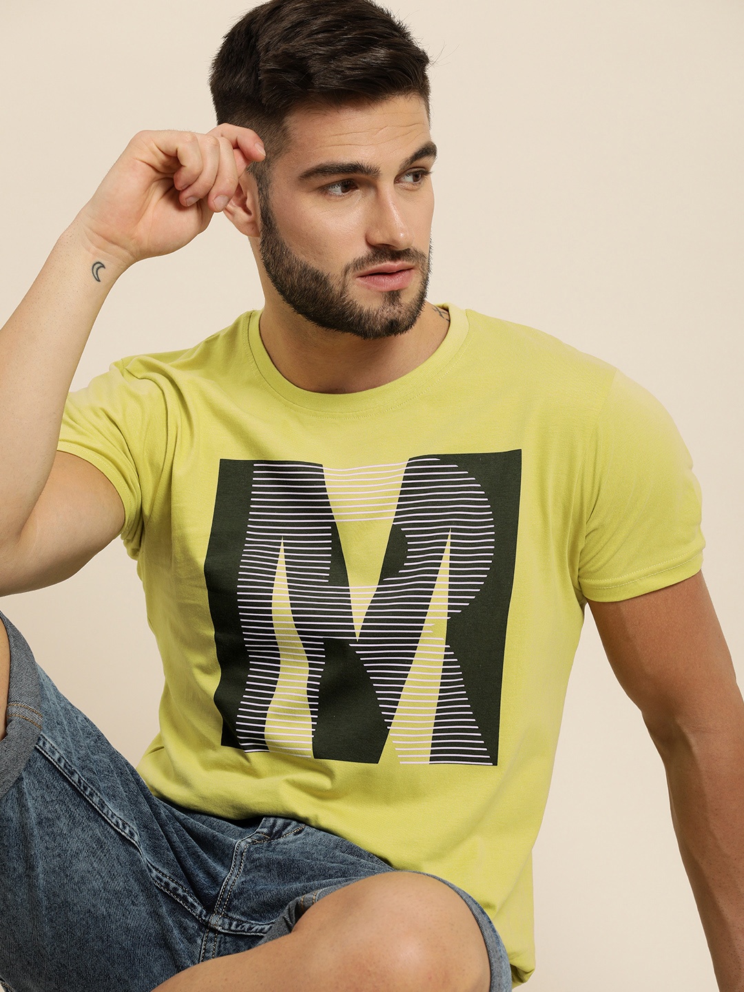 

Moda Rapido Men Lime Yellow Graphic Printed Pure Cotton T-shirt