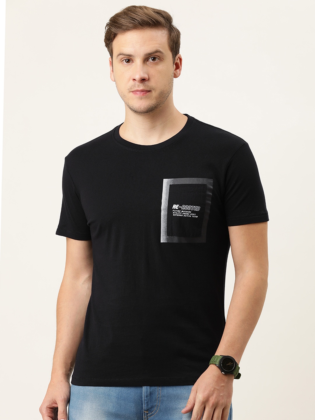 Flying Machine Men Black Typography Printed Pure Cotton Slim Fit T-shirt