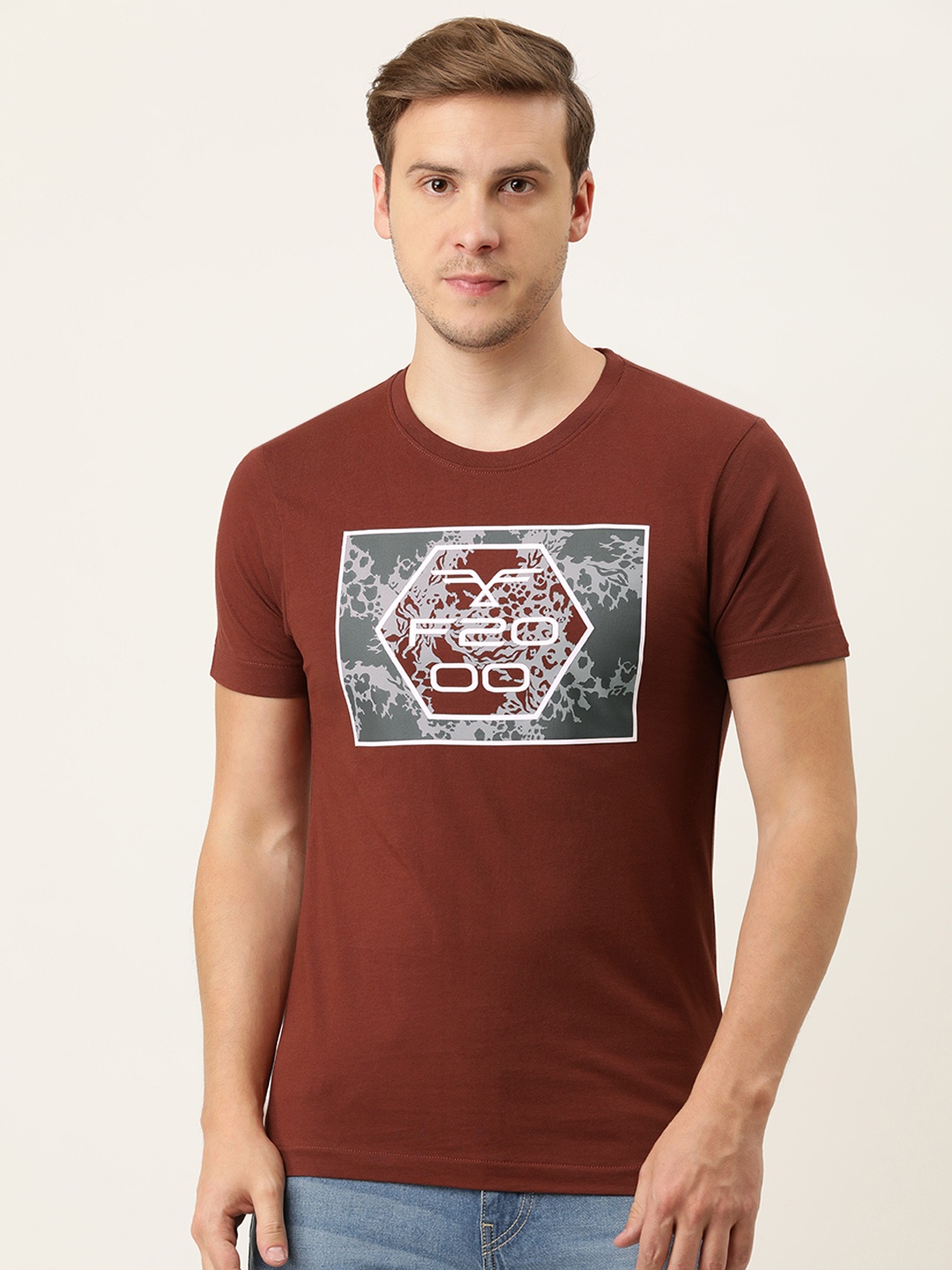 

Flying Machine Men Brown Graphic Printed Pure Cotton Slim Fit T-shirt