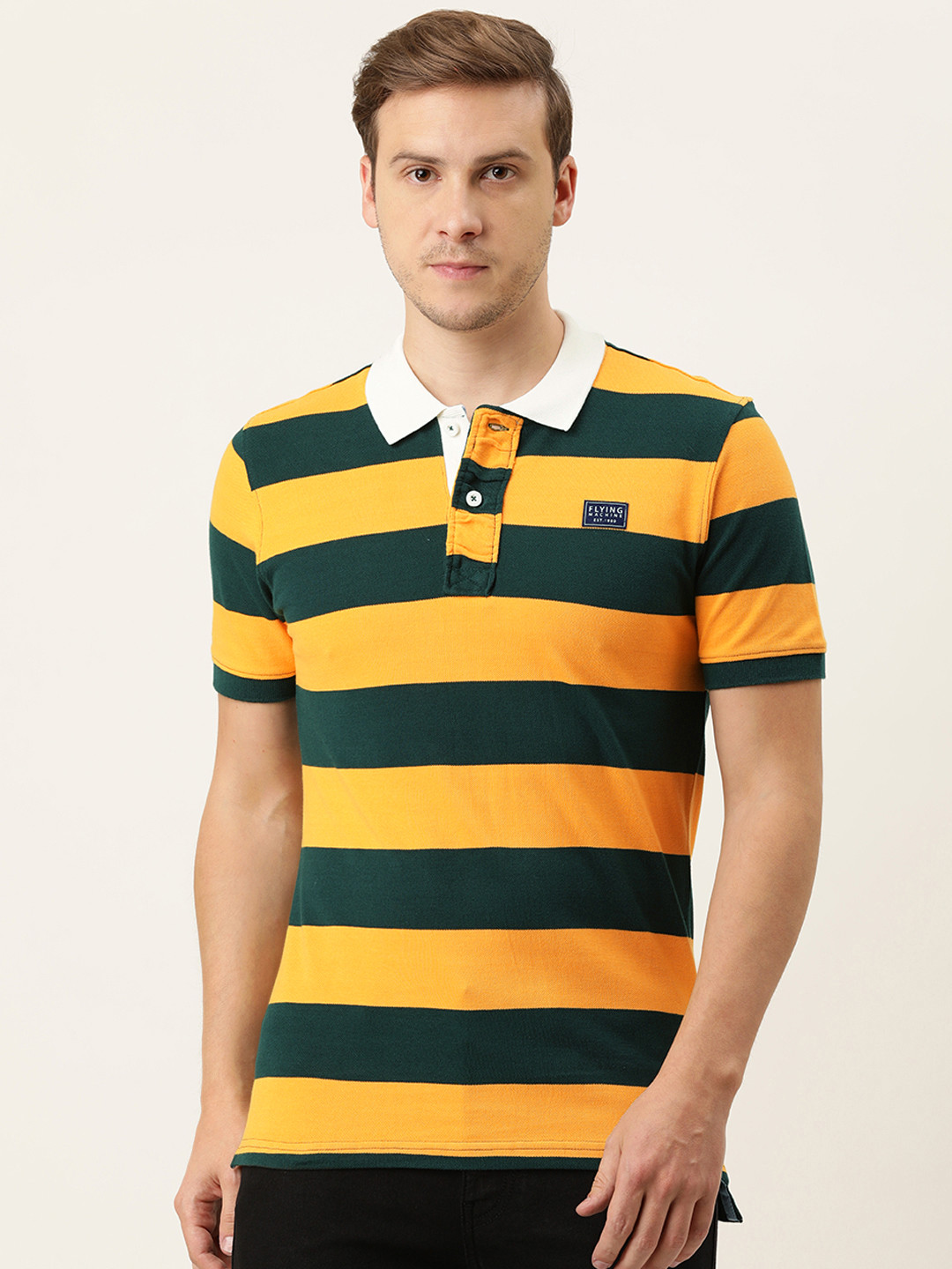 

Flying Machine Men Gold-Toned & Green Striped Pure Cotton Polo Collar Slim Fit T-shirt