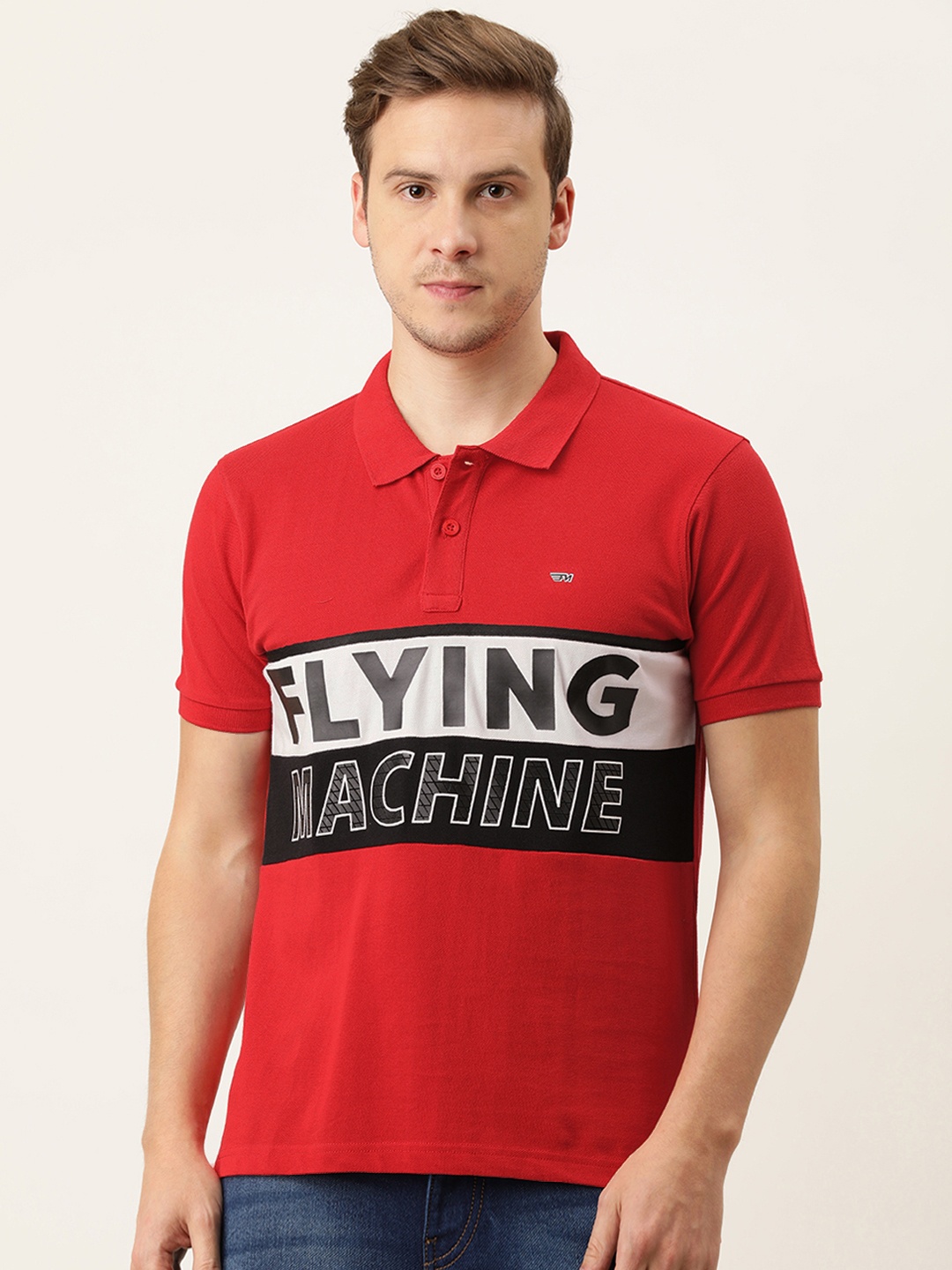 

Flying Machine Men Red & Black Brand Logo Printed Pure Cotton Polo Collar Slim Fit T-shirt