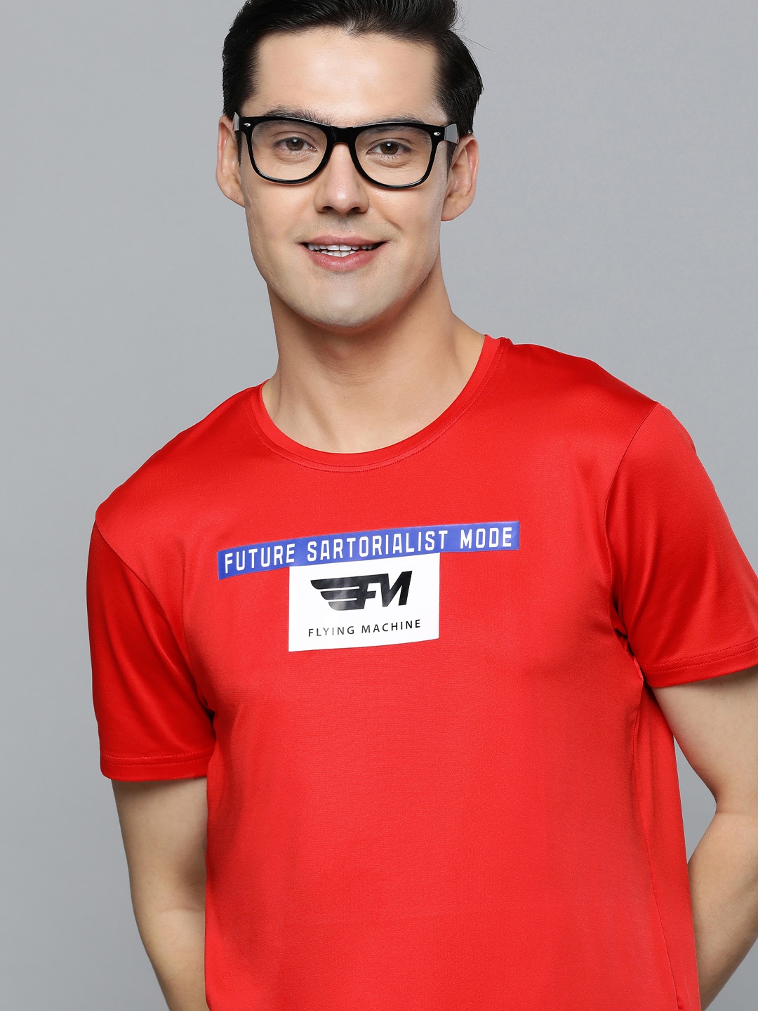 

Flying Machine Men Red Brand Logo Printed Pure Cotton Slim Fit T-shirt