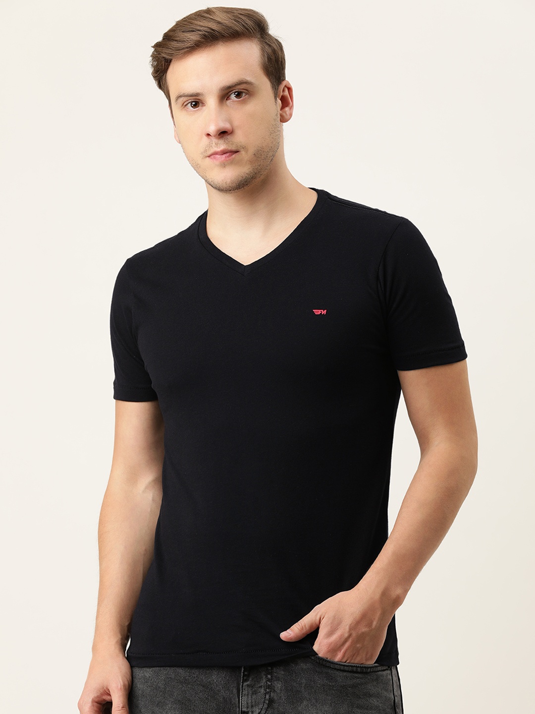 

Flying Machine Men Black V-Neck Pure Cotton Slim Fit T-shirt