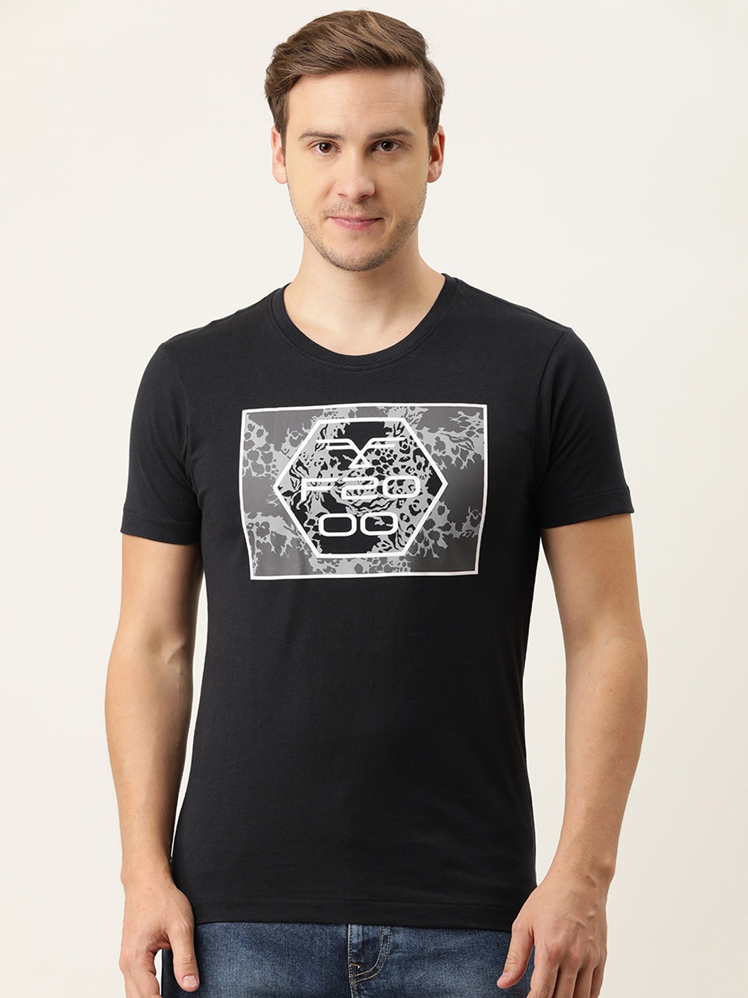 

Flying Machine Men Black & White Printed Pure Cotton Slim Fit T-shirt