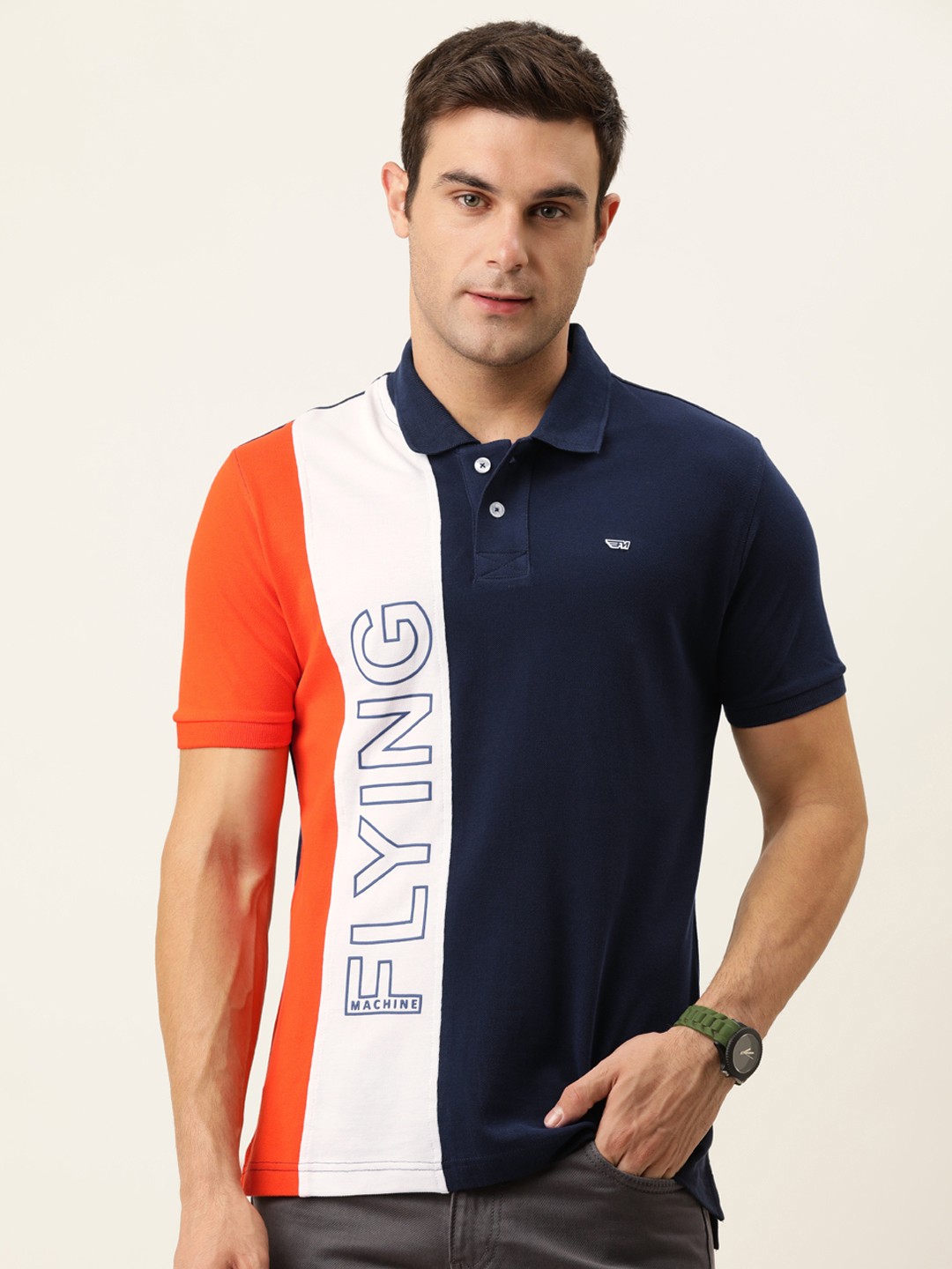 

Flying Machine Men Navy Blue & Orange Colourblocked Polo Collar Slim Pure Cotton T-shirt