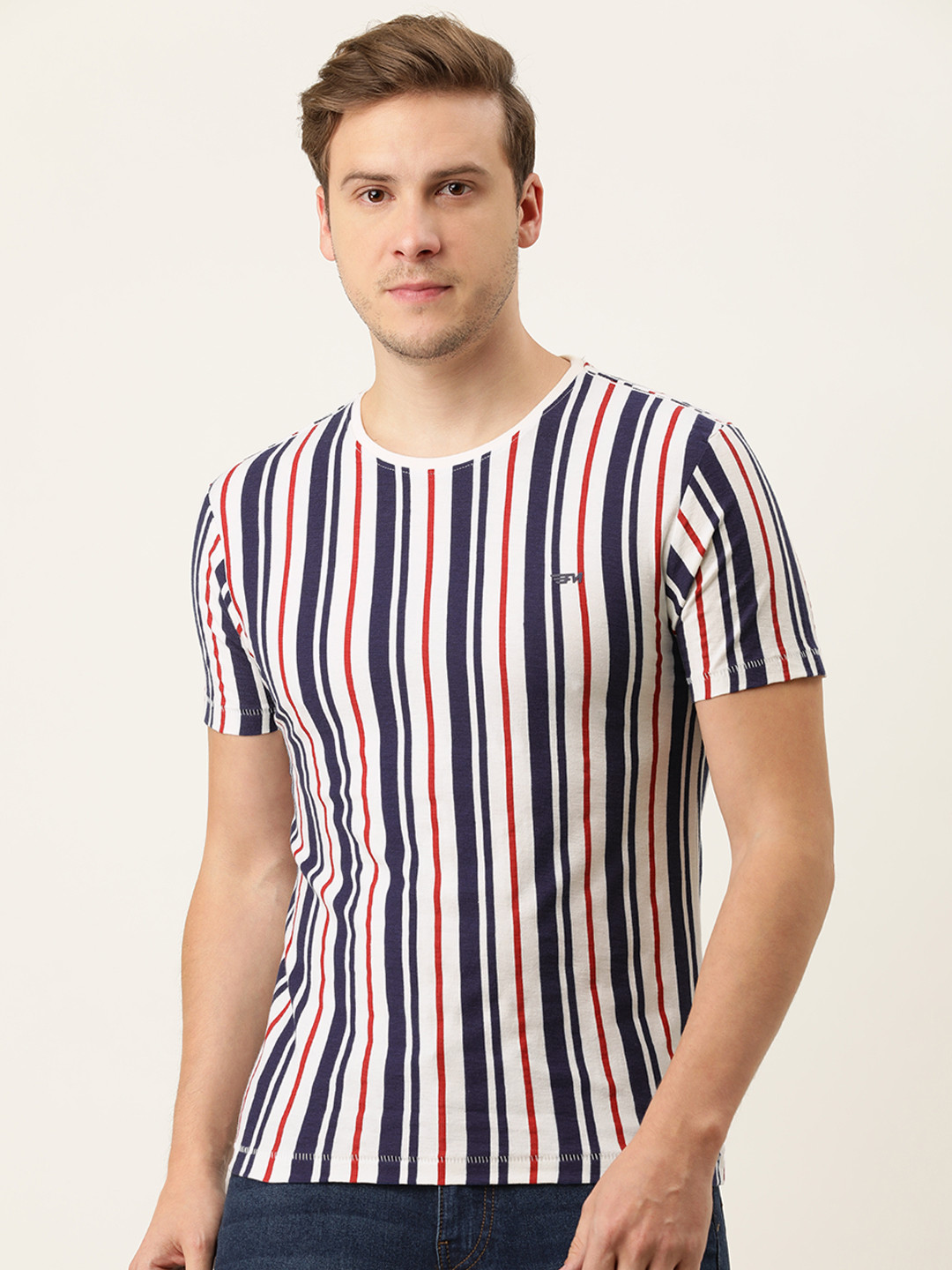 

Flying Machine Men White & Navy Blue Striped Pure Cotton Slim Fit T-shirt