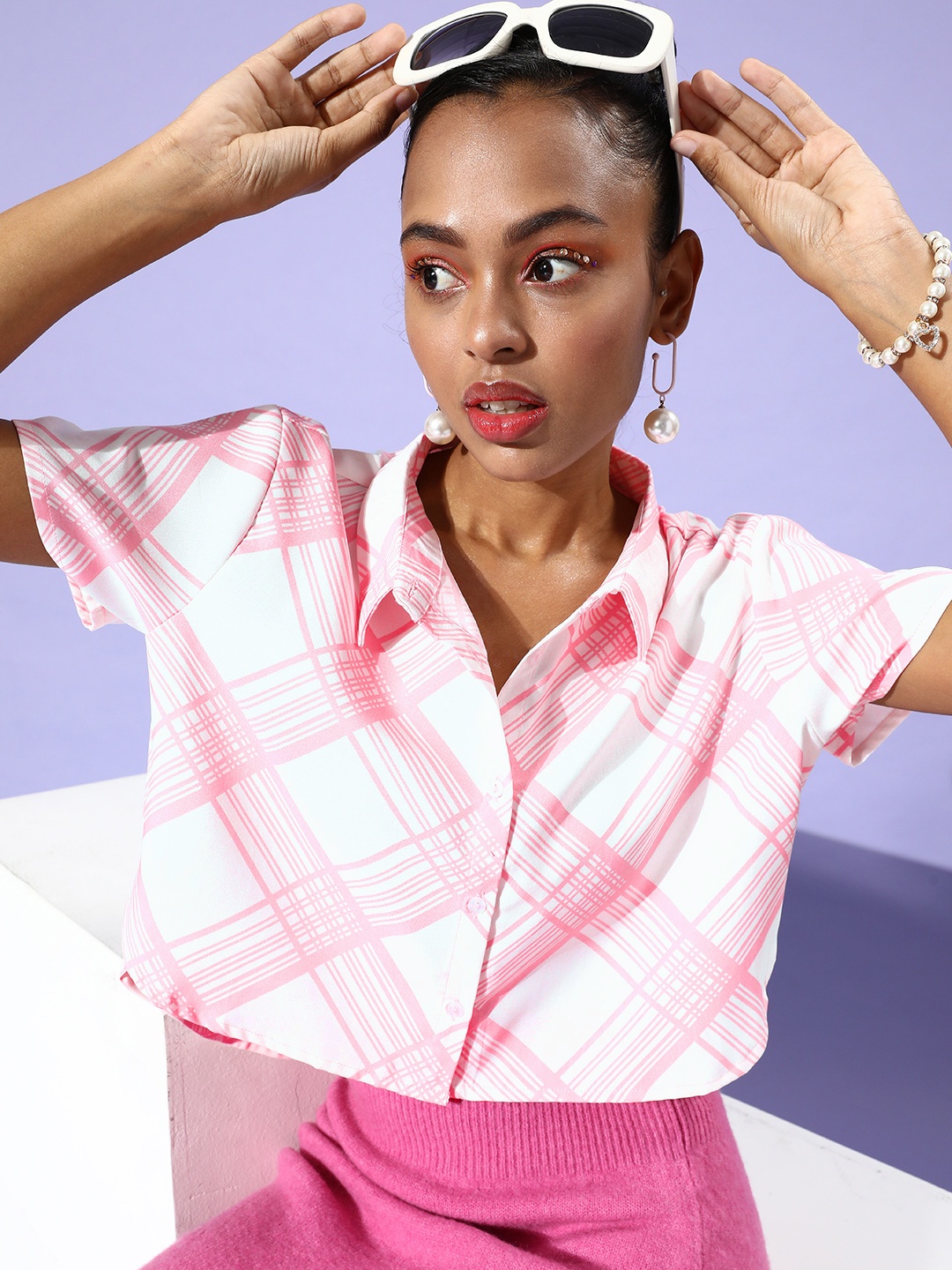 

DressBerry Women Checked Vacay Cropped Shirt, Pink