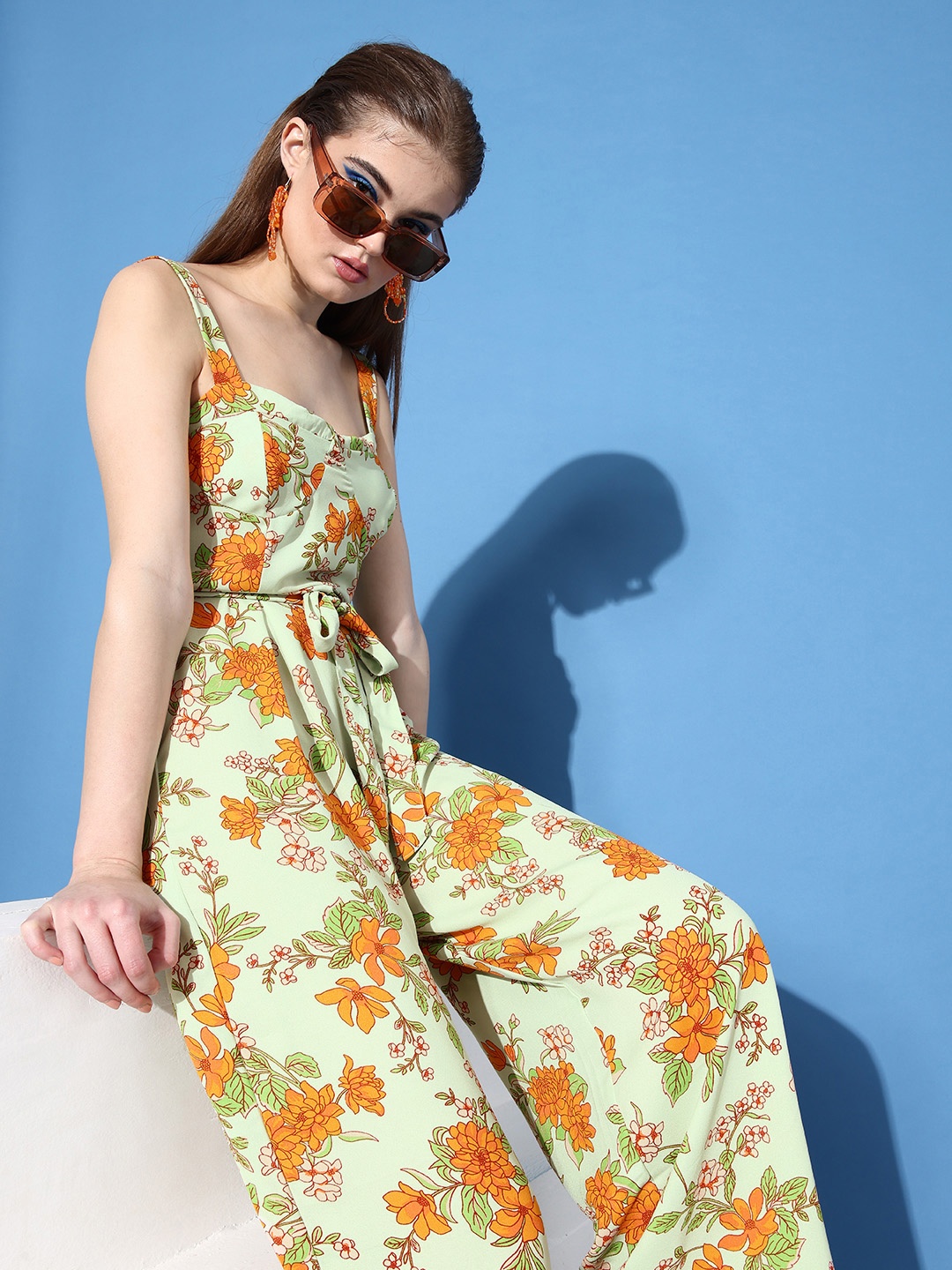 

DressBerry Green & Orange Floral Printed Basic Jumpsuit