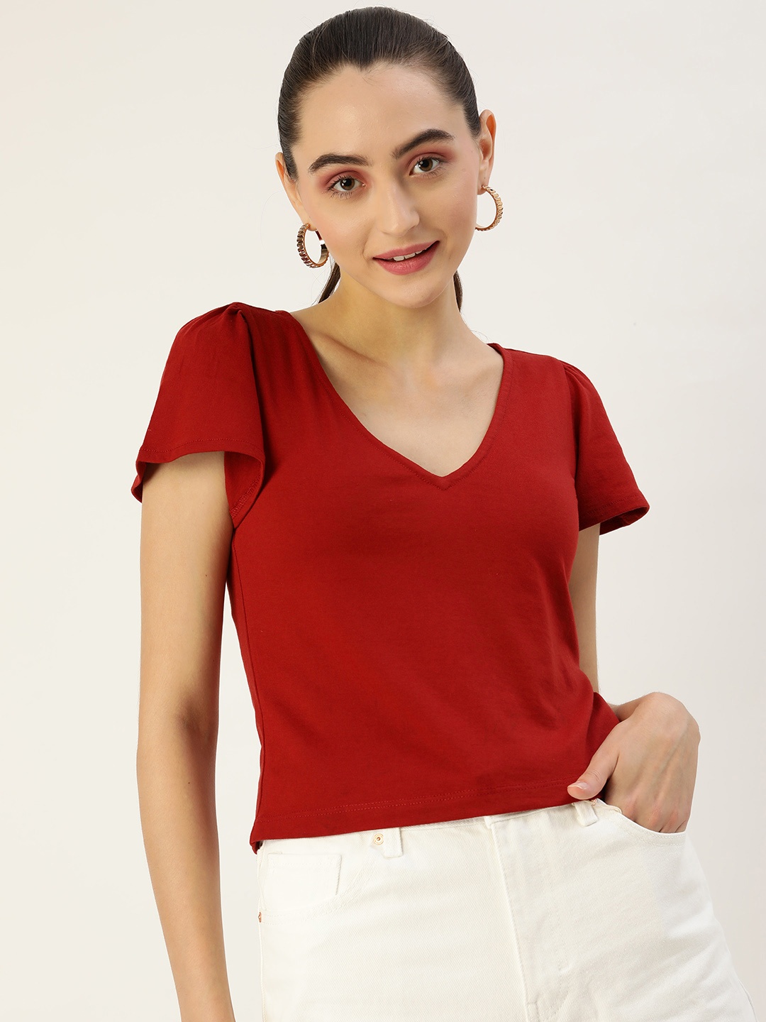 

DressBerry Red Solid V-Neck Top