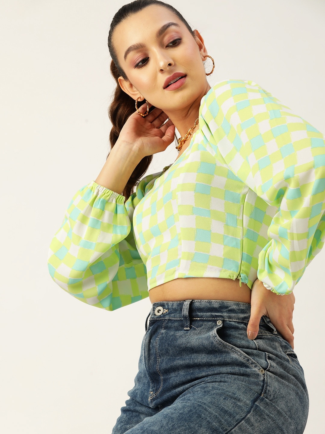 

DressBerry Checked Puff Sleeves Crop Top, Green