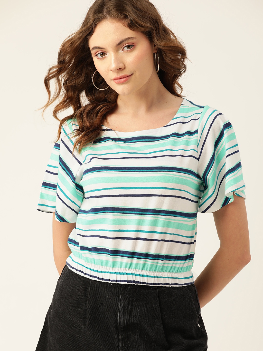 

DressBerry White & Navy Blue Striped Blouson Top