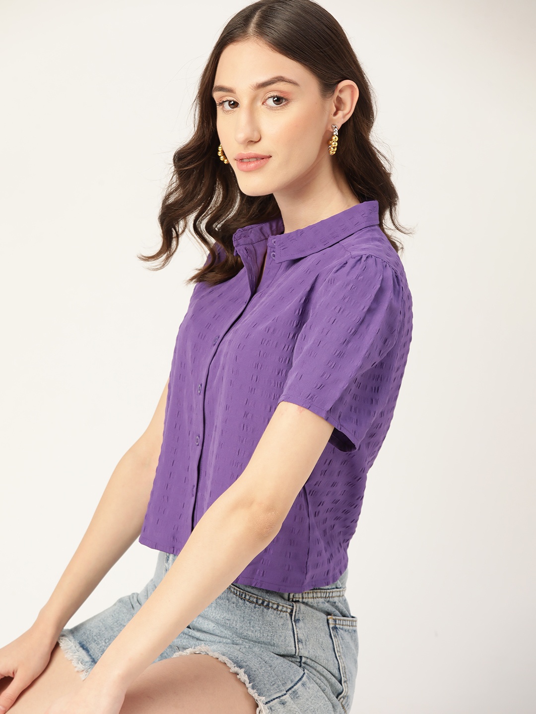 

4WRD by Dressberry Women Seersucker Solid Casual Shirt, Purple