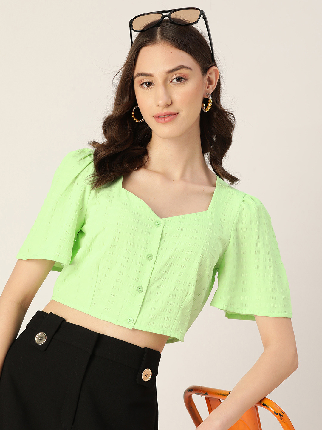 

4WRD by Dressberry Seersucker Sweetheart Neck Crop Top, Green