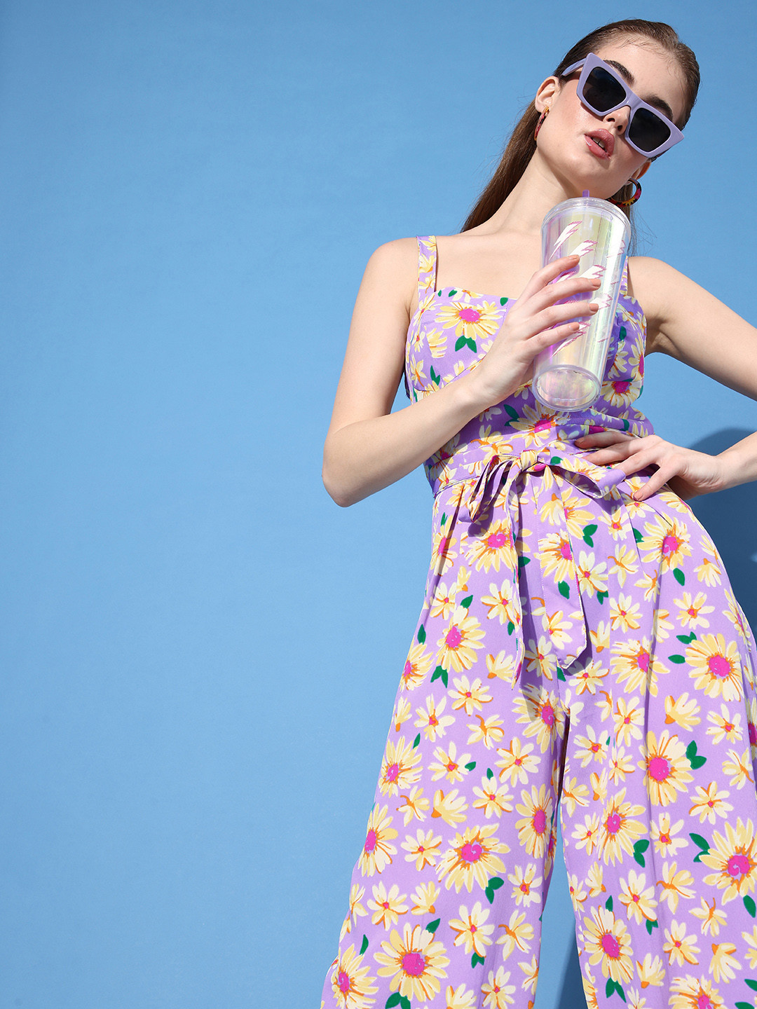 

DressBerry Lavender & Yellow Floral Printed Basic Jumpsuit