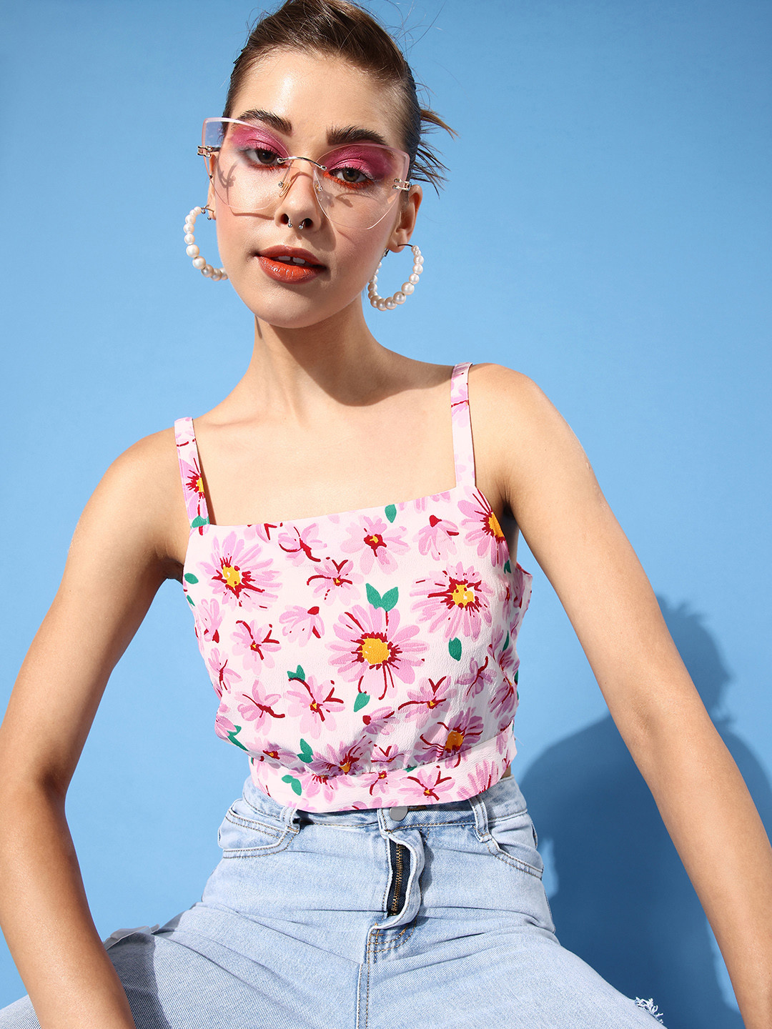 

DressBerry White & Pink Floral Print Blouson Style Crop Top