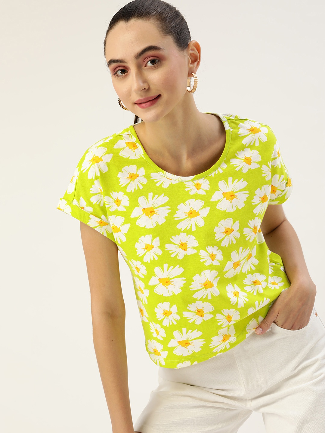 

DressBerry Lime Green & White Floral Print Top
