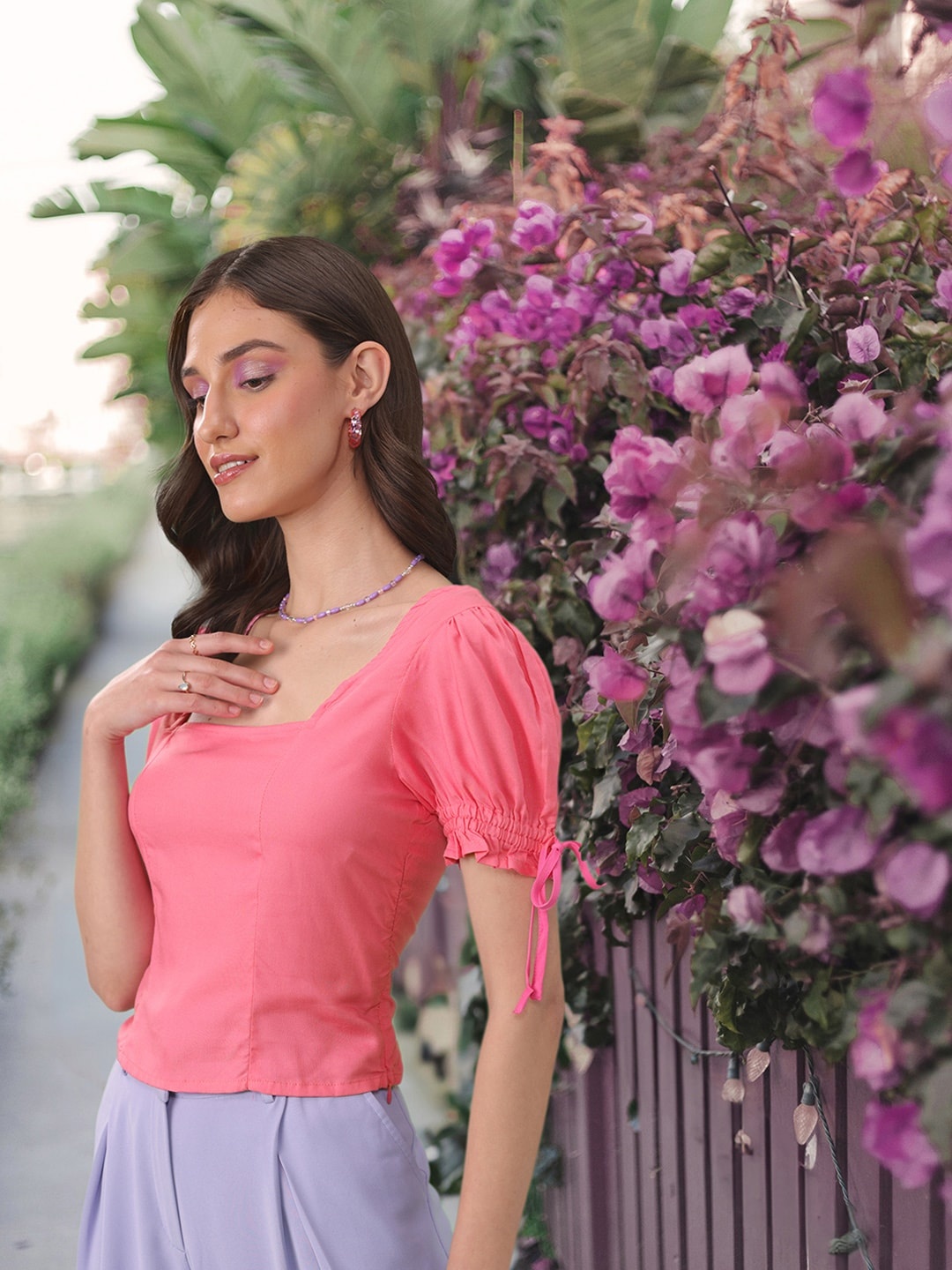 

DressBerry Solid Puff Sleeves Crop Top, Pink
