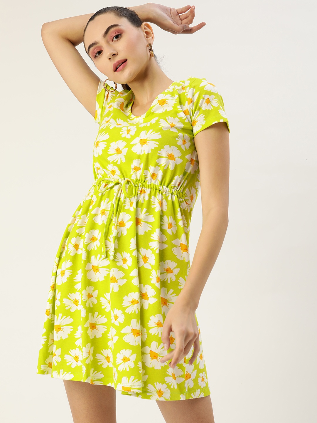 

DressBerry Lime Green & White Floral A-Line Mini Dress